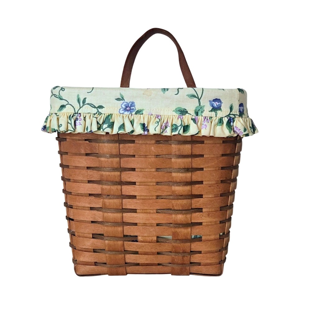 Longaberger 1990 Vintage Wall Hanging Basket Leather Handle Floral Liner USA